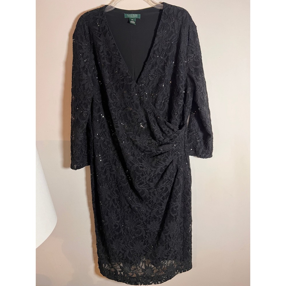 Lauren Ralph Lauren Black Sequin Lace Faux Wrap Sheath Dress 16W Womens